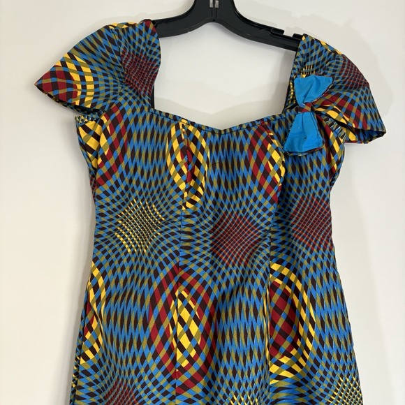 Ankara African Print Cap Sleeve Mermaid Maxi Dress Cap Sleeve XS Teal Yellow - Picture 4 of 11